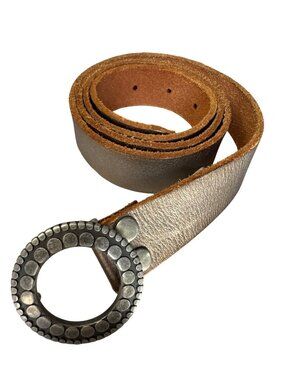 Lucky Brand Womens XL Silver Leather Belt W/Round Metal Buckle - 47 Inches Long